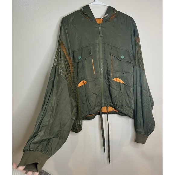 Free People Movement Olive Green Mesh Panel Hooded Bomber Jacket OB590918 Small - Picture 2 of 7